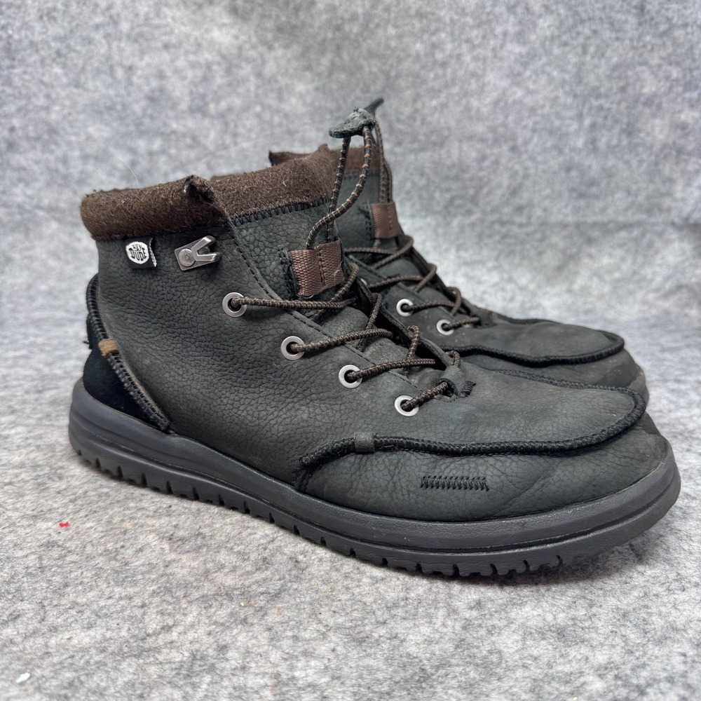 Hey Dude Mens 11 Bradley Boot Leather Black Wool Lining Moc Toe Chukka Boots